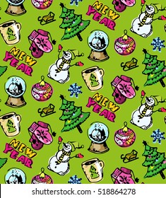 Hand drawn pattern with new year and christmas elements. Background with new year decoration. Happy new year 2017!