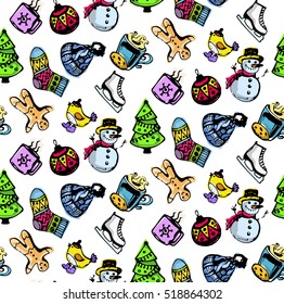 Hand drawn pattern with new year and christmas elements. Background with new year decoration. Happy new year 2017!