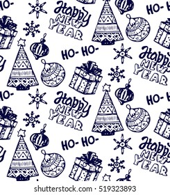 Hand drawn pattern with new year and christmas elements. Background with new year decoration. Happy new year 2017!