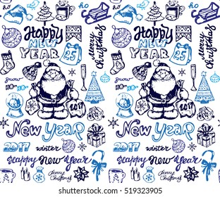 Hand drawn pattern with new year and christmas elements. Background with new year decoration. Happy new year 2017!