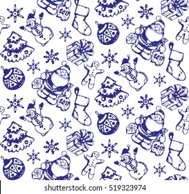 Hand drawn pattern with new year and christmas elements. Background with new year decoration. Happy new year 2017!