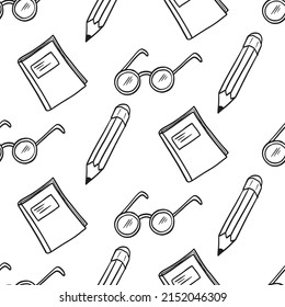 Hand drawn pattern of Note book, Pencil and Glasses.