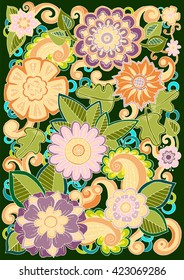 Hand drawn pattern. Ornate pattern with abstract flowers and leaves. Black and white background. Zentangle inspired pattern for web, printed media design, banner, flyer, invitation, greeting card.