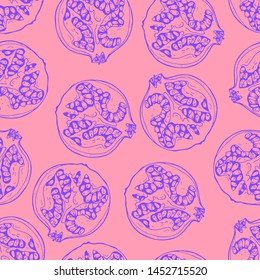 Hand drawn pattern with outline pomegranate fruit seamless pattern. Vintage line art vector set. Food sketch textile print design.