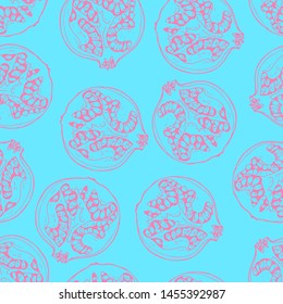 Hand drawn pattern with outline pomegranate fruit seamless pattern. Vintage line art vector set. Food sketch textile print design.
