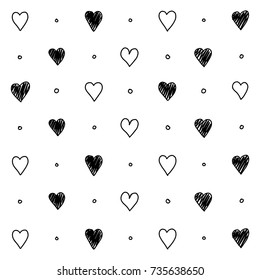 Hand drawn Pattern of Outlined and Filled Hearts and Dots in Doodle Style