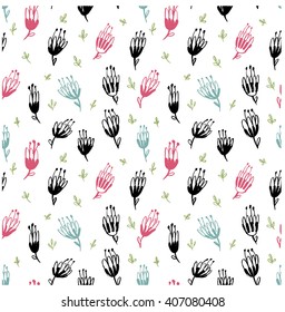 Hand drawn pattern with hand painted flowers. Vector seamless texture for web, print, home decor, textile, wrapping paper, wallpaper, invitation card background, spring summer fashion fabric. hipster