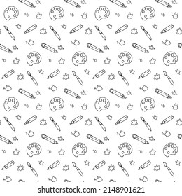 Hand drawn pattern - palette, paintbrush, pencil and blots. Vector illustration in doodle style. Black graphic elements on white