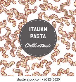 Hand drawn pattern with pasta cellentani or cavatappi. Background for food package design. Vector illustration