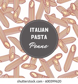 Hand drawn pattern with pasta penne. Background for food package design. Vector illustration