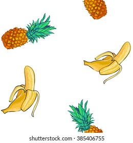 Hand drawn pattern of pineapple and banana