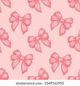 Hand drawn pattern of pink bows on a soft pink pastel background, cute design vector illustration for baby girl