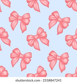 Hand drawn pattern with pink bows on a light blue background, perfect for decorating crafts