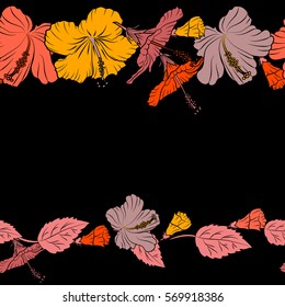 Hand drawn pattern in pink, orange and yellow colors with copy space. Tropic motif can be used as wrapping paper, textile. Vector seamless pattern of horizontal tropical hibiscus flowers, dense jungle