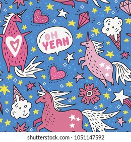 Hand drawn pattern with pink unicorns. Cartoon vector design.
