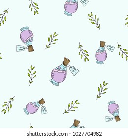 Hand drawn pattern with plants and magical bottles. 
