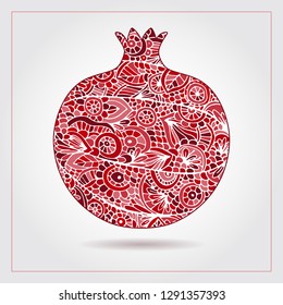 Hand drawn pattern with pomegranate ornaments and elements. Vector creative abstract pomegranate fruit. Decorative design for Jewish holidays. Tu Bishvat, Sukkot, Rosh Hashanah. Healthy food logo