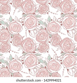 Hand drawn pattern with pretty roses, leaves and brunch. Background for fabric, paper, card. Beautiful, romantic pattern for holidays