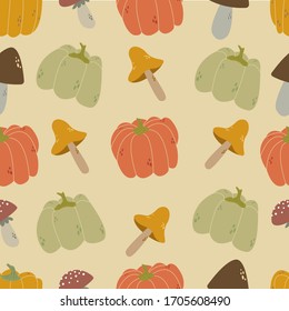 Hand drawn pattern of pumpkins and mushrooms. Autumn vector illustration. Flat design. For printing, fabric, textile, wrapping paper, bags, clothes, postcards, posters.