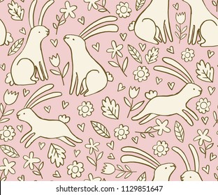 Hand drawn pattern with rabbits and flowers. Doodle floral spring vector pattern with rabbits and flowers. 