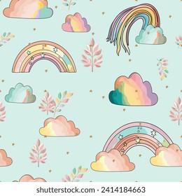 Hand drawn pattern of rainbows and leaves. The pattern is magical. Children's seamless illustration for printing on a print, blank for designersю Vector illustration by Line for coloring