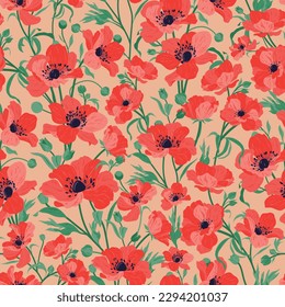 Hand drawn pattern with red anemones. Wild flowers for invitation design, cards, textiles, decor