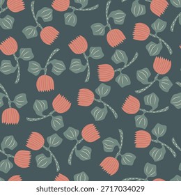 Hand drawn pattern  red tulips with line on dark background. Vector floral illustration.