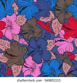 Hand drawn pattern in red, violet and pink colors with tropic summertime motif may be used as texture, for wrapping, textile design. Vector seamless pattern of tropical hibiscus flowers, dense jungle.