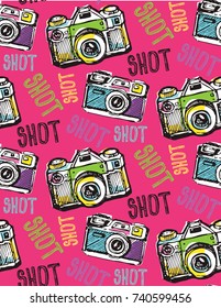 Hand drawn pattern retro camera. Take a good shot!