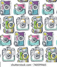 Hand drawn pattern retro camera. Take a good shot!