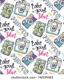 Hand drawn pattern retro camera. Take a good shot!