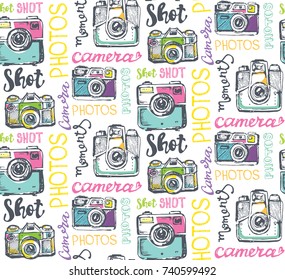 Hand drawn pattern retro camera. Take a good shot!