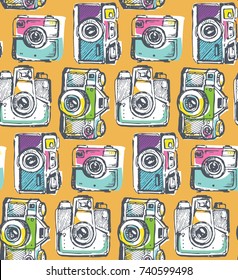 Hand drawn pattern retro camera. Take a good shot!