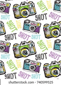 Hand drawn pattern retro camera. Take a good shot!
