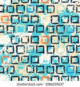 Hand drawn pattern with rows of small squares in nautical blue color. Vector grunge geometric texture with paint splatter and splash. Bold bohemian background with ethnic, tribal motif