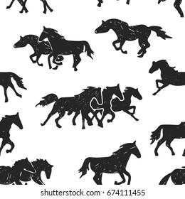 Hand drawn pattern of running horses isolated on the white background. Drawing sketch of single horse and groups of horses.