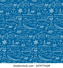 Hand Drawn Pattern With Sea Background. Vector Illustration.