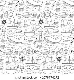 Hand Drawn Pattern With Sea Background. Vector Illustration.