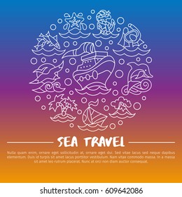 Hand drawn pattern of sea travel characters in the trendy linear style on a bright background in a circle with space for text.