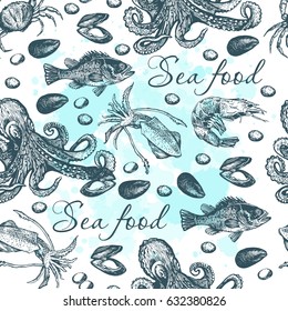 Hand drawn pattern Seafood. Hand drawing. Seamless for fabric design, gift wrapping paper and printing and web projects.