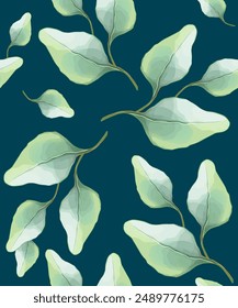 Hand drawn pattern, seamless background with leaves on a color background. Vector watercolor typography poster, art, postcard, wallpaper and fabric