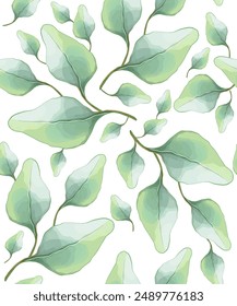 Hand drawn pattern, seamless background with leaves on a white background. Vector watercolor typography poster, art, postcard, wallpaper and fabric