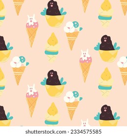 hand drawn pattern seamless ice cream with character chocolate vanilla strawberry flavors