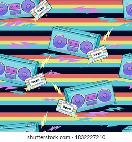 Hand drawn pattern seamless radio tape recorder and cassette with retro music for textile printing vector illustration