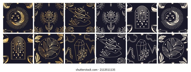 Hand drawn pattern set of celestial bodies and mystical magical elements in vintage boho style. Vector golden illustration isolated on blue background