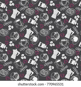 Hand drawn pattern with sketch illustration of coffee theme for coffee shop. 