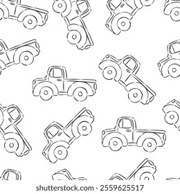 Hand drawn pattern of sketch vintage trucks in various positions on a white background