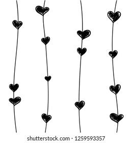 hand drawn pattern with sketched hearts hanging randomly on ribbons/lines. Valentine's day, birthday, wedding  background design. Vector illustration EPS 10