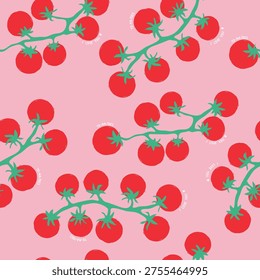 Hand drawn pattern with small red cherries on pink background and words:  tomatoes, I love you. Vector illustration with vegetables.