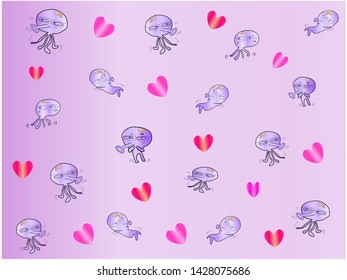 Hand drawn pattern Squid cartoon In various gestures, Purple tone background